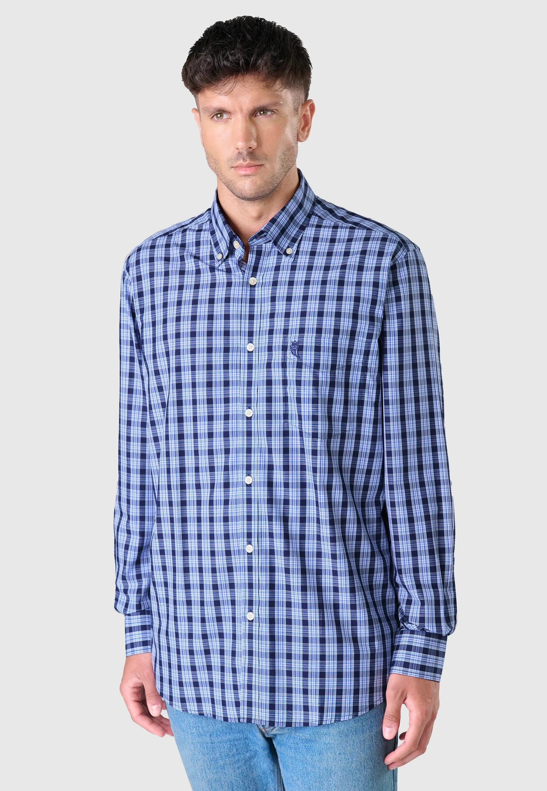 Camisa Hombre Manga Larga Popelín Cuadros con Bolsillo Easy Iron Extrasuave - Azul 0310_39