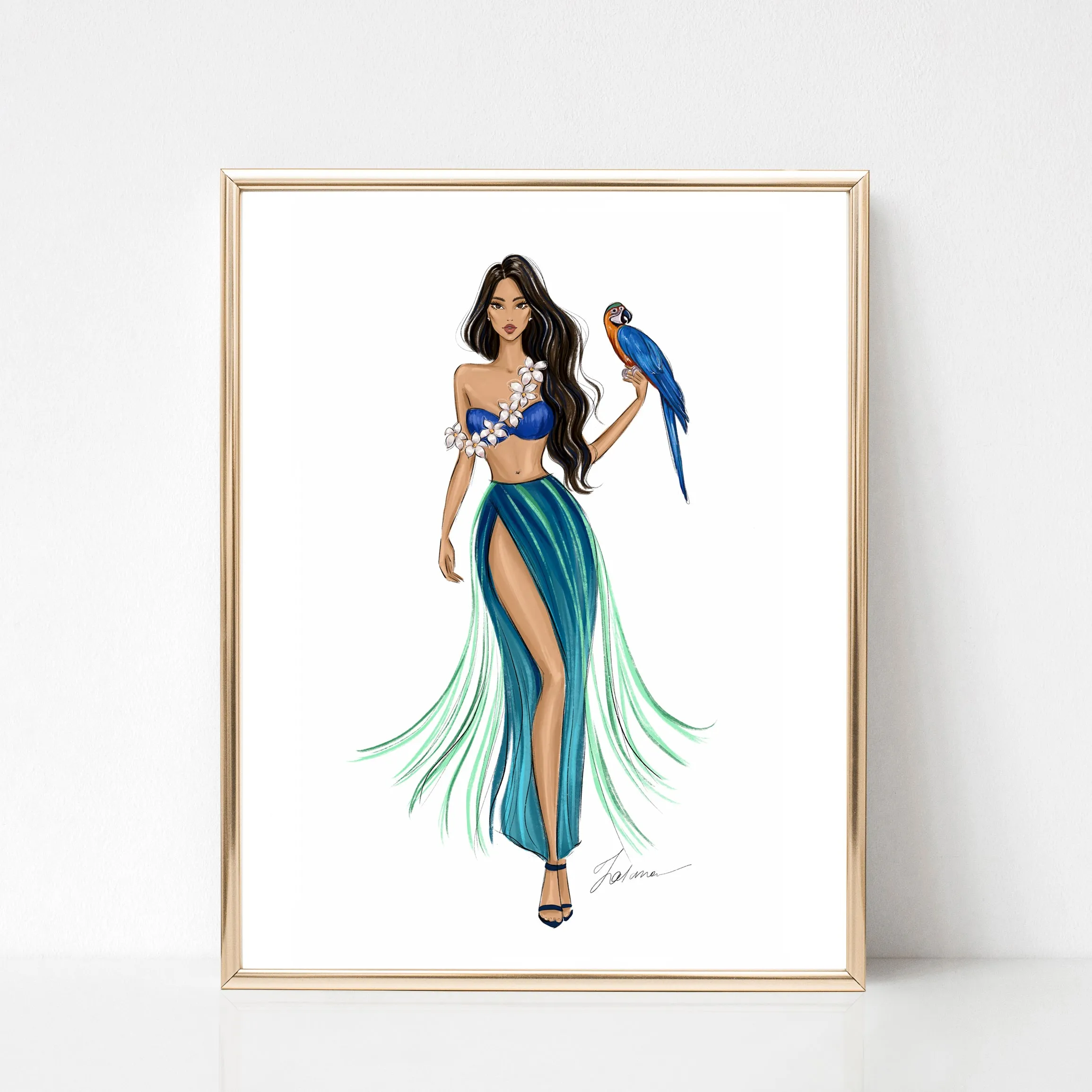 Island Girl in tropical dress summer art print fashion illustration