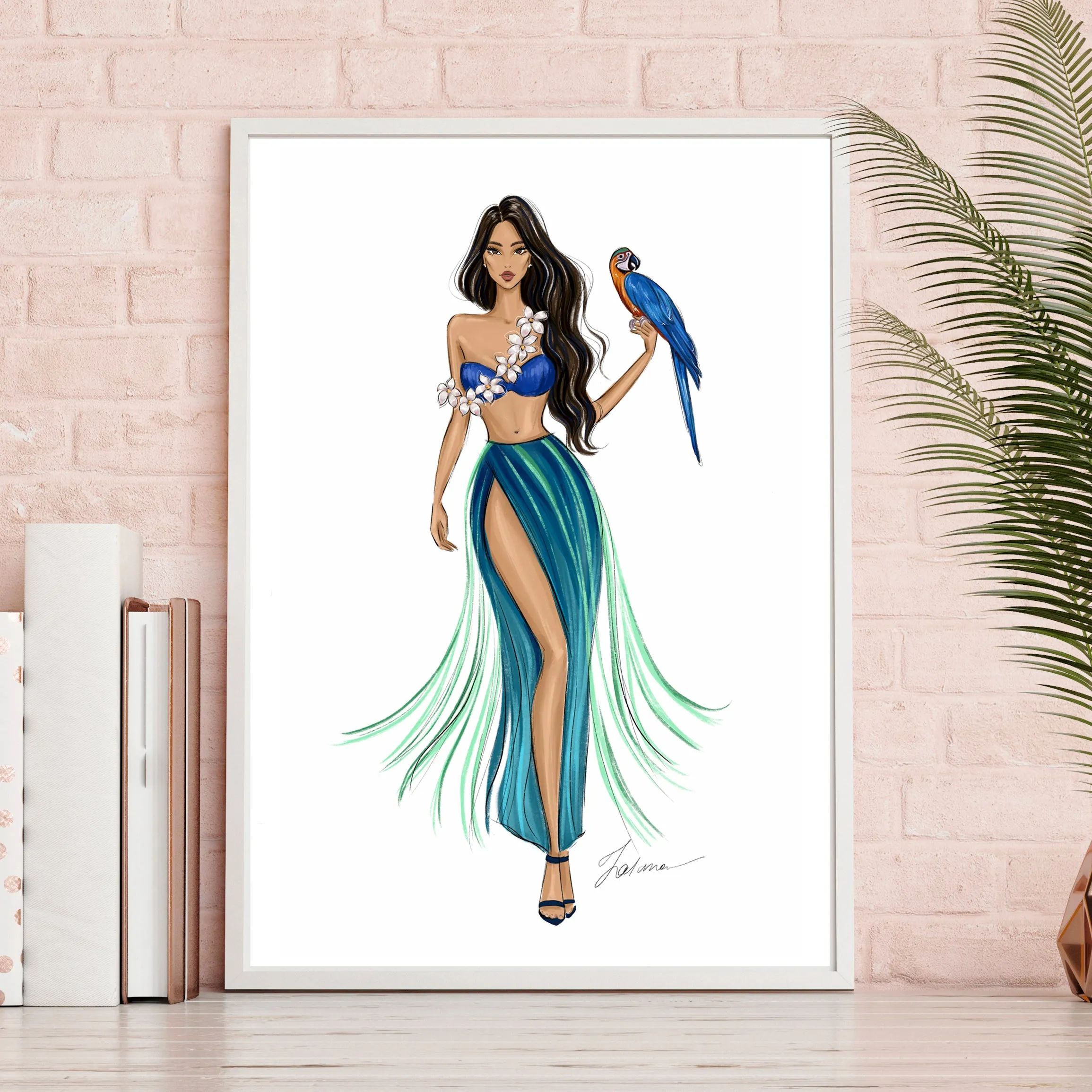 Island Girl in tropical dress summer art print fashion illustration