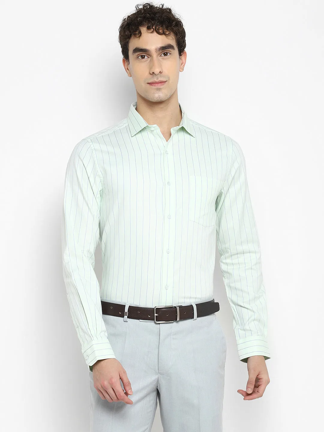 Turtle Stiped Light Green Slim Fit Formal Shirt