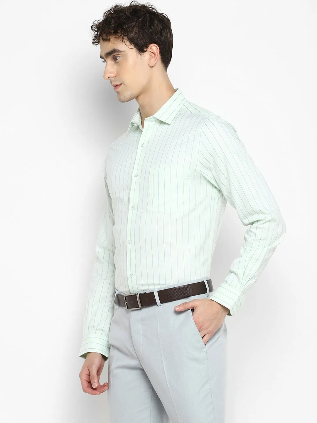 Turtle Stiped Light Green Slim Fit Formal Shirt