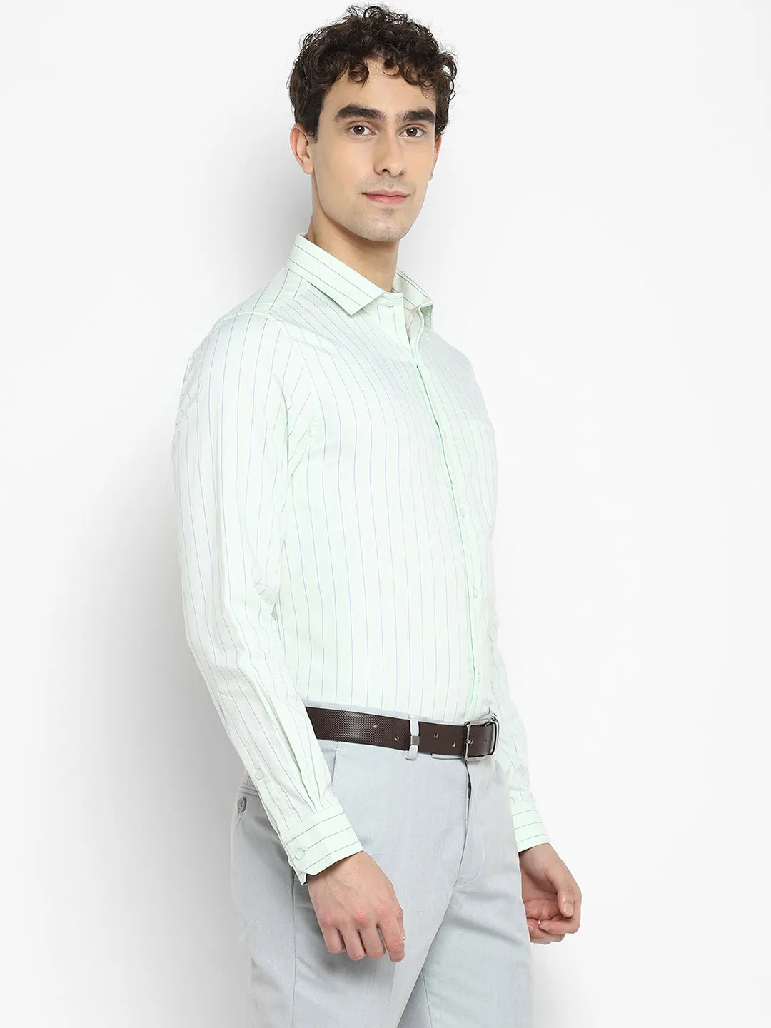 Turtle Stiped Light Green Slim Fit Formal Shirt